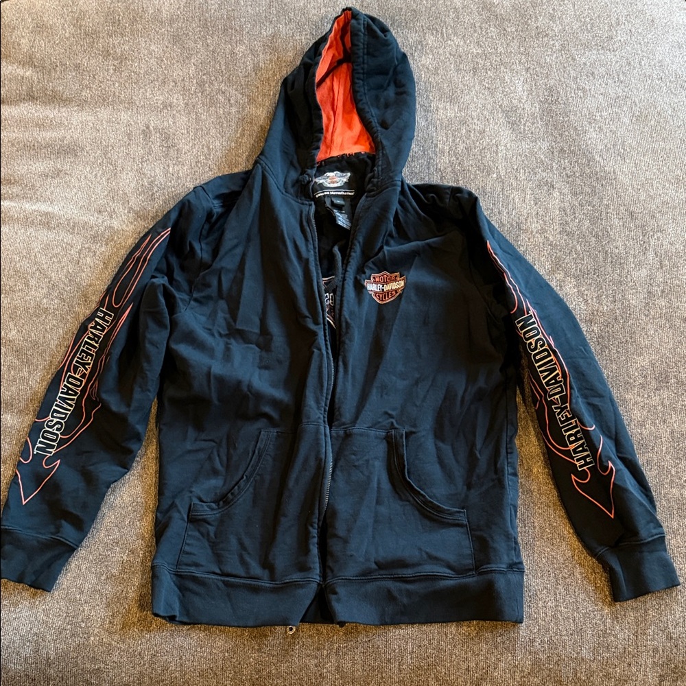 Men’s Harley-Davidson Black Zip-Up with Orange Highlights Size L